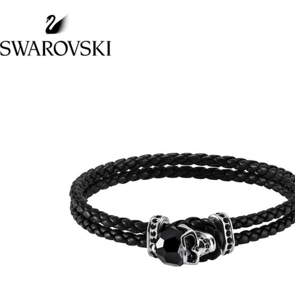 Swarovski Taddeo Leather Palladium Crystal Skull Bracelet - NWT - Picture 1 of 7
